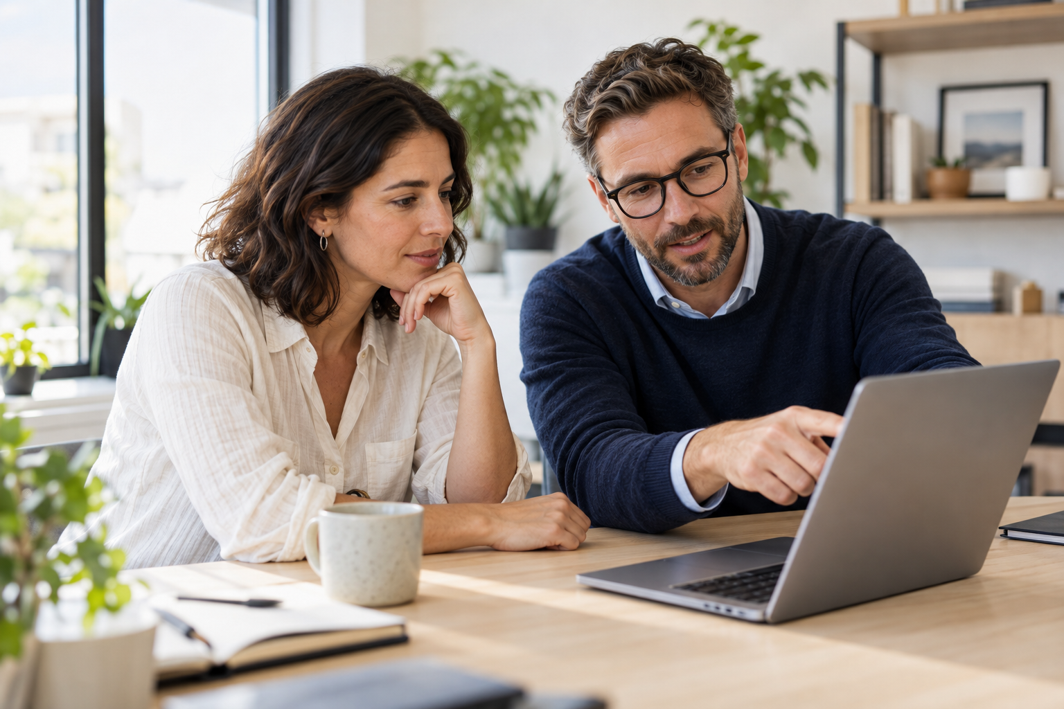 Two business professionals reviewing a website together on a laptop